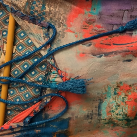 Soft Surroundings Boho Multicolor Abstract Print Peasant Tassels Blouse Small - Picture 7 of 7